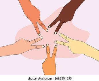 Hands of diverse group of people  making V sign - Concept of succeed, cooperation, unity, togetherness, partnership, agreement, teamwork, social community or movement. 