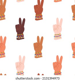 Hands of diverse group of people. Peace sign hand gesture symbol with different skin colors. Seamless pattern with victory sign. Vector background. Race equality, diversity, tolerance illustration.