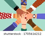 Hands of diverse group of people putting together. Concept of community, support, partnership, teamwork, social movement, friendship and cooperation. Flat cartoon vector illustration
