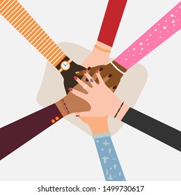 Hands of diverse group of people putting together isolated on white background. Vector illustration. Eps 10.