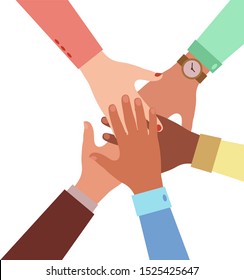 	
Hands of diverse group of people putting together. Concept of cooperation, unity, togetherness, partnership, agreement, teamwork, social community or movement. Flat style vector illustration.