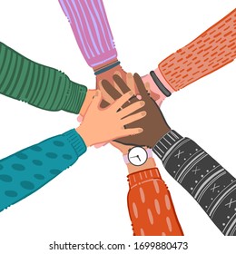 Hands of diverse group of people putting together. Concept of cooperation, unity, togetherness, partnership, agreement, teamwork, social community or movement. Flat cartoon vector illustration.