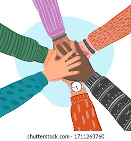 Hands of diverse group of people putting together. Concept of cooperation, unity, togetherness, partnership, agreement, teamwork, social community or movement. Flat cartoon vector illustration
