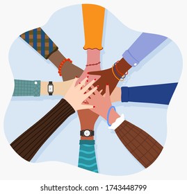 Hands of diverse group of people putting together. Concept of cooperation, unity, togetherness, partnership, agreement, teamwork, social community or movement. Flat cartoon.