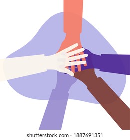 Hands of diverse group of people putting together. Cooperation, togetherness, partnership, agreement, teamwork, eps 10