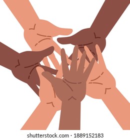 Hands of a diverse group of people putting together. Flat cartoon vector illustration. Concept of cooperation, unity, togetherness, partnership, agreement, teamwork, social community, or movement. 