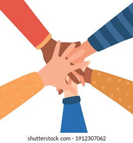Hands of diverse group of people putting together. Concept of cooperation, togetherness, teamwork. Flat vector illustration.