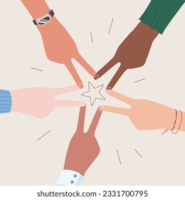 Hands of diverse group of people putting together. Concept of community, support, partnership, teamwork, social movement, friendship and cooperation. Flat cartoon vector illustration, fingers star