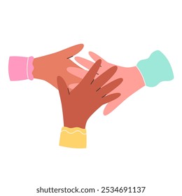 Hands of diverse group of people putting together. Happy Friendship Day. Team cooperation, partnership, community, support, trust concept. Vector illustration in flat style