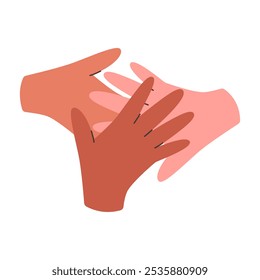 Mãos de grupos diversos de pessoas se juntando. Feliz Dia da Amizade. Cooperação em equipe, parceria, comunidade, apoio, conceito de confiança. Ilustração vetorial em estilo plano
