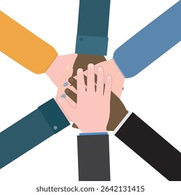 Hands of diverse group of people putting together. Concept of cooperation. Agreement, business deal. Multi ethnic friends with stack of hands showing unity and teamwork, top view. vector illustration