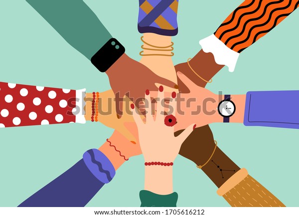 Hands of\
diverse group of people putting together. Concept of community,\
support, partnership, teamwork, social movement, friendship and\
cooperation. Flat cartoon vector\
illustration