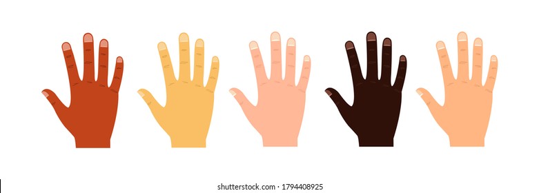 Hands of diverse group of people set. Partnership an unity world human concept vector illustration isolated on white. Stop racism concept. Banner against racism and discrimination. Different races arm