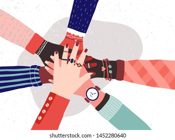 Hands of diverse group of women putting together. Concept of sisterhood, girl power, feminist community or movement, friendship, support and cooperation. Flat cartoon colorful vector illustration.