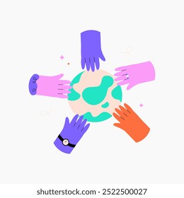 Hands of diverse individuals holding planet earth, symbolizing global unity, diversity, and the message of no racism. Flat vector illustration ideal for equality, inclusivity, unity themes.