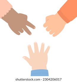 Hands of diverse kids playing rock paper scissors game with  palms facing down flat design