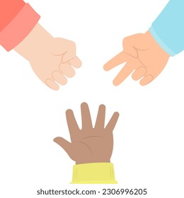 Hands of diverse kids playing rock paper scissors game with  palms facing up flat design