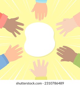 Hands of diverse kids showing back of hands putting close to each other with speed lines and comic bubble, for teamwork concept in flat cartoon 
