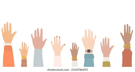 Hands of diverse people with colorful sleeves raising and showing back of the hands in flat design