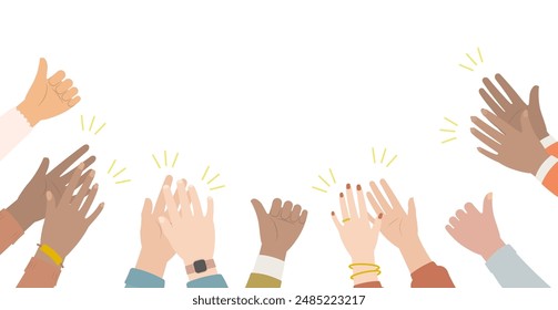 Hands of diverse people with colorful sleeves applauding and giving thumbs up signal in flat design