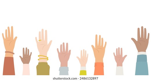 Hands of diverse people with colorful sleeves raising and showing palm of the hands in flat design