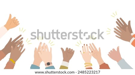 Hands of diverse people with colorful sleeves applauding and giving thumbs up signal in flat design