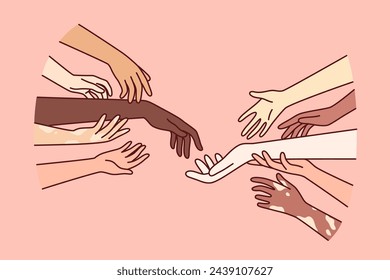 Hands diverse people with different skin colors, for concept importance of tolerance fighting discrimination based on race. Hands tolerant multiracial men and women wanting to find tolerant friends