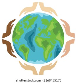 Hands of diverse people holding planet Earth. Tolerance, unity and peace metaphor. Flat Cartoon Vector Illustration.