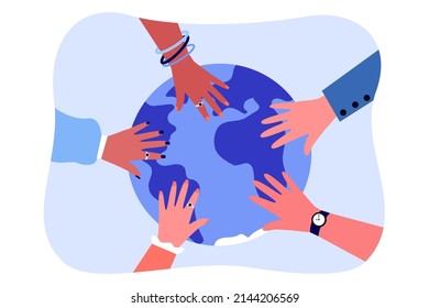 Hands of diverse people on globe. Team of multicultural persons cooperating together flat vector illustration. Teamwork, support, partnership, trust concept for banner, website design or landing page