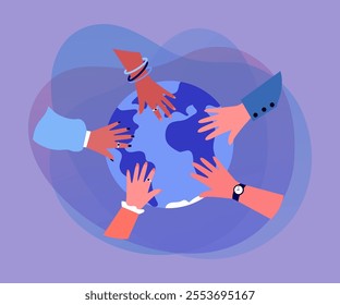 Hands of diverse people on globe. Team of multicultural persons cooperating together flat vector illustration. Teamwork, support, partnership, trust concept for banner, website design or landing page