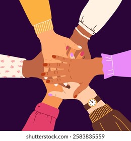 Hands of diverse people putting together. Cooperation, unity, partnership, agreement, teamwork