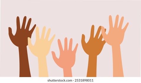 
Hands of Diverse People Reaching Up in the Air Vector Design. Volunteers from all over the world worked helping for social causes 
