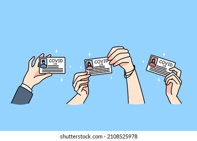 Hands of diverse people show covid-19 vaccination certificates. Men and women demonstrate coronavirus cards, vaccinated against corona virus pandemics. Healthcare concept. Vector illustration. 