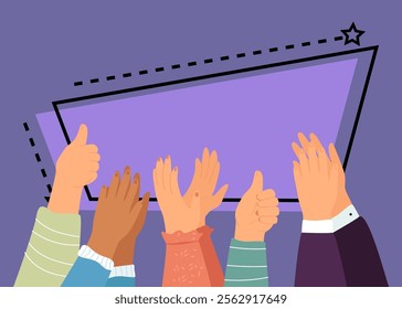 Hands of diverse people showing thumbs up and applauding. Arms of men and women celebrating win, applause, appreciation flat vector illustration. Respect, success, celebration concept for banner