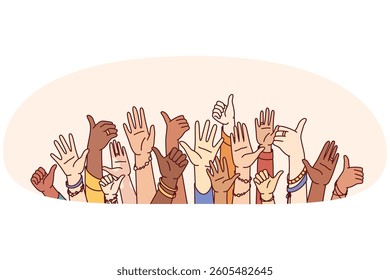 Hands of diverse people showing thumbs up or greeting gestures symbolize unity and harmony in society. Hands of crowd multiethnic men and women united to fight against discrimination and intolerance