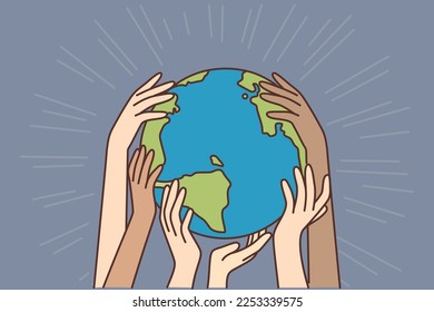 Hands of Diverse People Touching Planet Earth. Multicultural Characters Supporting each other. Tolerance, Unity and Peace Metaphor. Cartoon Vector Illustration.