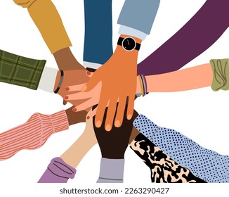 Hands of diverse people unity vector illustration.