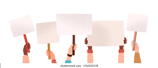 Hands of diverse woman hold empty banners with place for text vector flat illustration. Human arms at demonstration with placard isolated on white. Group of person with posters at protest meeting - Shutterstock ID 1762525178