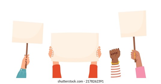 Hands of diverse woman hold empty banners with place for text vector flat illustration. Pro-choice activists. Different female hands with placards at protest rally isolated on white background.