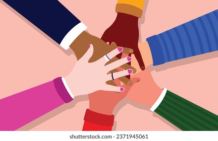 Hands of diversity vector illustration - Group of people with different ethnicities coming together in unity and all for one. Diverse team and multi ethnic community concept