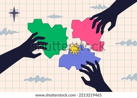 Hands dividing the abstract land into several pieces, a symbol of the division of territory, occupation during the war, separation of the country. A metaphor of geopolitical interests.