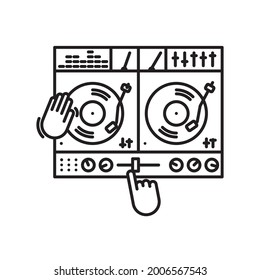 Hands of DJ operating mixing desk vector line icon