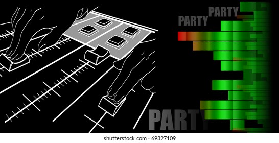 Hands of the DJ over a mixer panel. A background for a party. An abstract illustration.