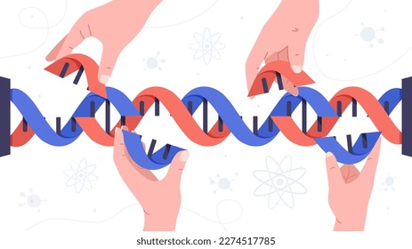 Hands with DNA. Repeating design element for printing on fabric. Scientific banner or poster for website. Chemistry and biology, gene code and cell structure. Cartoon flat vector illustration