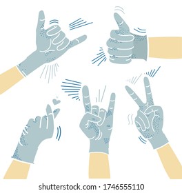 Hands of doctor  in blue gloves. Flat design vector illustration.
Doctor hands set in gestures.
Cool doctor.