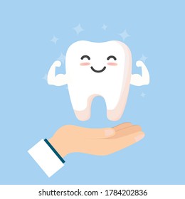 Hands of the doctor dentist holding white human tooth. A healthy tooth on the hand of the dentist. Oral hygiene, teeth cleaning.Vector, illustration, eps, flat design