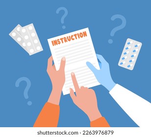 Hands of doctor and patient, paper instructions and blister packs with pills on blue background.The doctor explaining to the patient how to take the medicine. Vector illustration in flat style