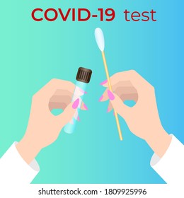 Hände eines Arztes, der Laboranalysen zum Nachweis von COVID-19 durchführt.Nachweis von Coronavirus und Testung von Patienten.COVID-19 test.Flache Vektorgrafik.