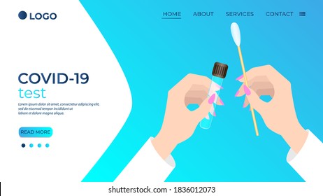 Hands of a doctor performing a laboratory analysis to detect COVID-19 .detection of coronovirus and testing of patients.COVID-19 test.Flat vector illustration.The template of the landing page.