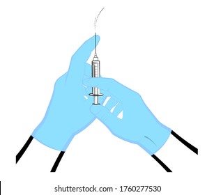 hands of a doctor in rubber gloves hold a syringe with medicine for vaccination. Prevention of the spread of the disease. Flu Prevention Isolated vector on white background